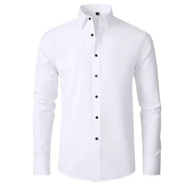 Camisa elástica de manga comprida masculina, Minimalista, Sedosa, traceless, Branco, Não engomar, Resistente a rugas, Negócios, Casual, Negócios