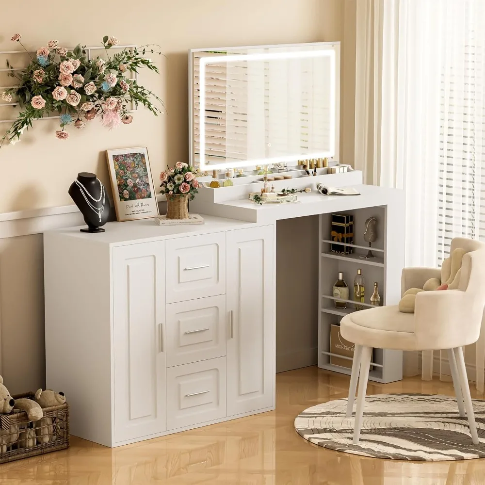 

Modern Large Vanity Desk with Lights Separated Cabinet Makeup Vanity Dressing Table with Mirror Open Shelves 3 Drawers 2 Cabinet