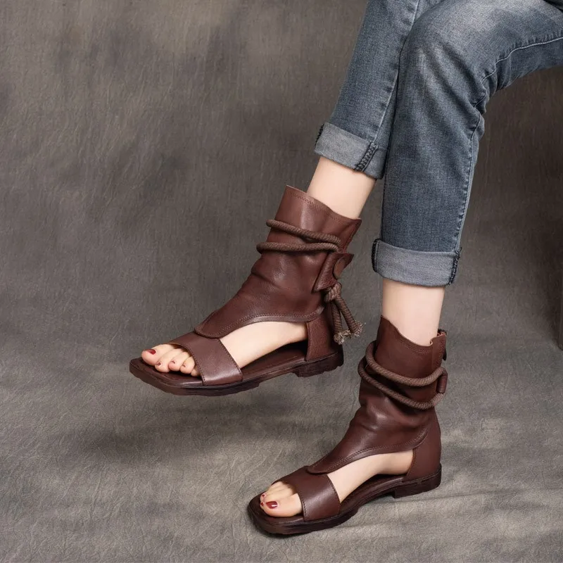 New Style Stringed Back Zipper Comfortable Flat Bottom Retro Soft Leather Low Heel Openwork Breathable Roman Sandal for Women view 4
