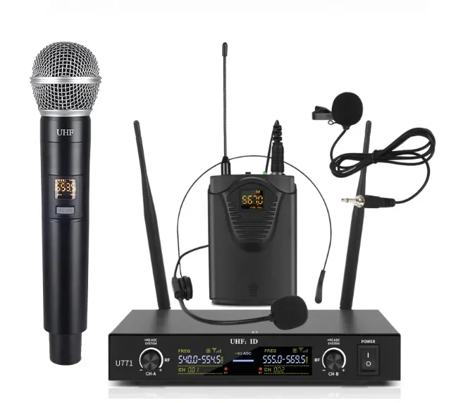 XTUGA U771 2 Channel Adjustable Frequency UHF Karaoke Wireless Microphone Dual Wireless Microphone Plastic Dynamic Microphone