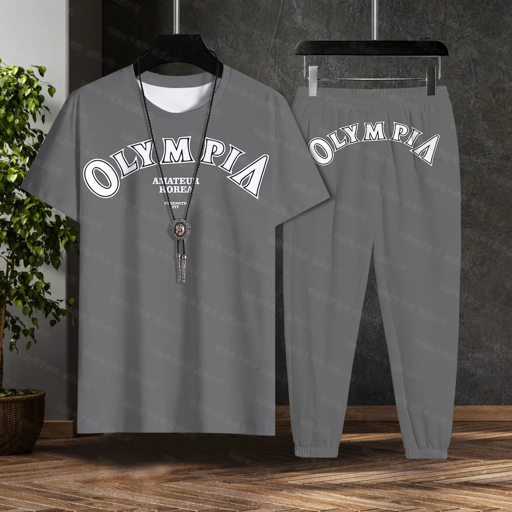 OLYMPIA High Quality Print Gym Shirt Sports T-Shirt Men Short Sleeve Running Trousers Set Workout Training Fitness Loose Plus Si