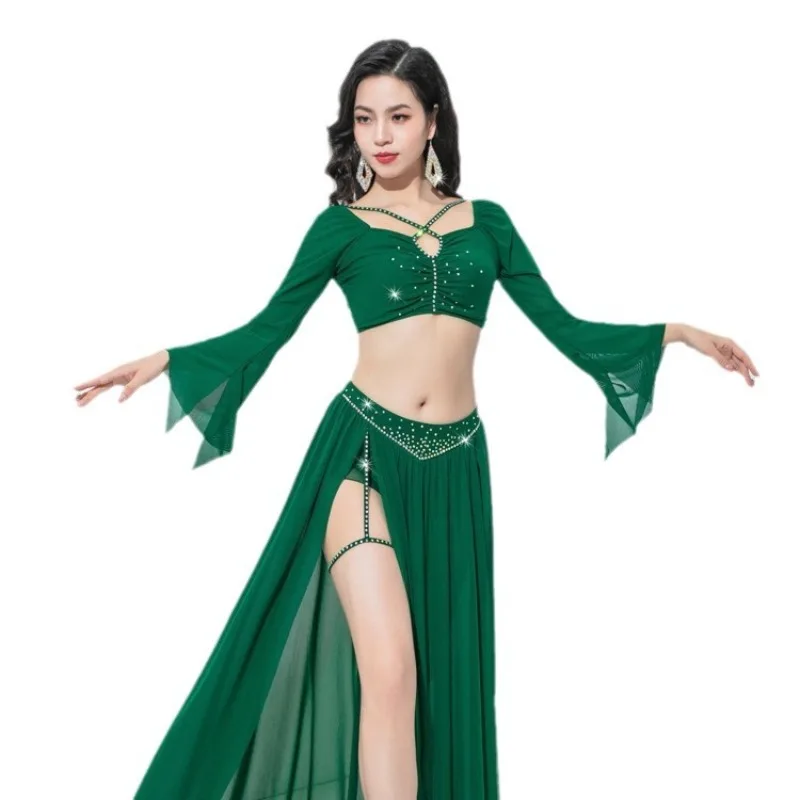 Aangepaste buikdanskostuums 2025, nieuwe oefenjurk, tops en sexy lichte luxe oosterse dansvoorstellingjurk met lange mouwen