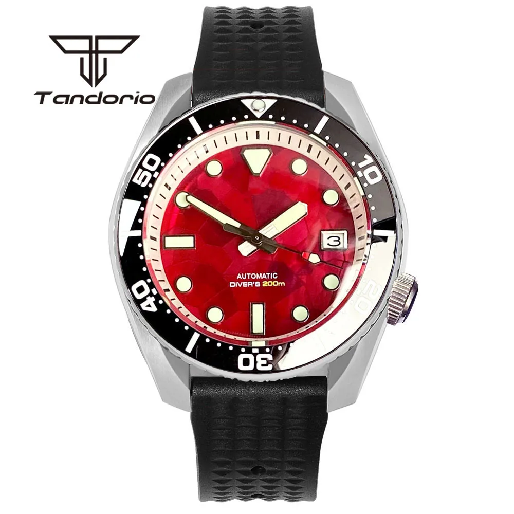 Imagem -02 - Relógio de Mergulho Automático Masculino Tandorio Mostrador Vermelho de Mãe de Pérola Vidro de Safira Coroa 38 Data Luminosa 42.5 mm 20bar Nh35a