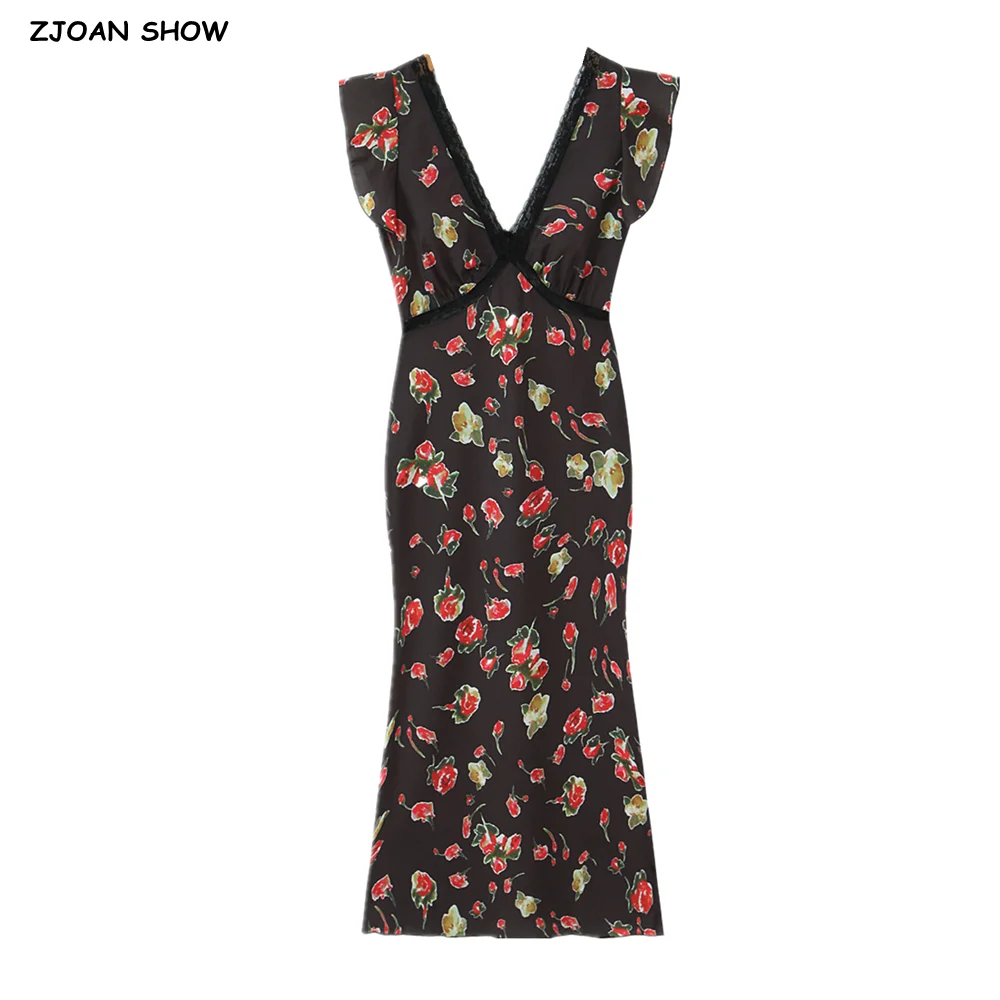 新しいフレンチヴィンテージ黒花柄プリントスプライスレース V 襟フリル半袖ドレス女性ミディドレスファム Vestidos