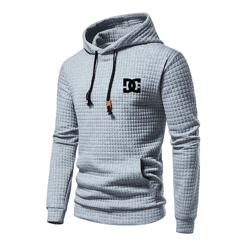 New European Men\'s DC Printed Casual Large Pocket Hoodie Pullover With Small Checkered Jacquard Solid Color Loose Plus Size