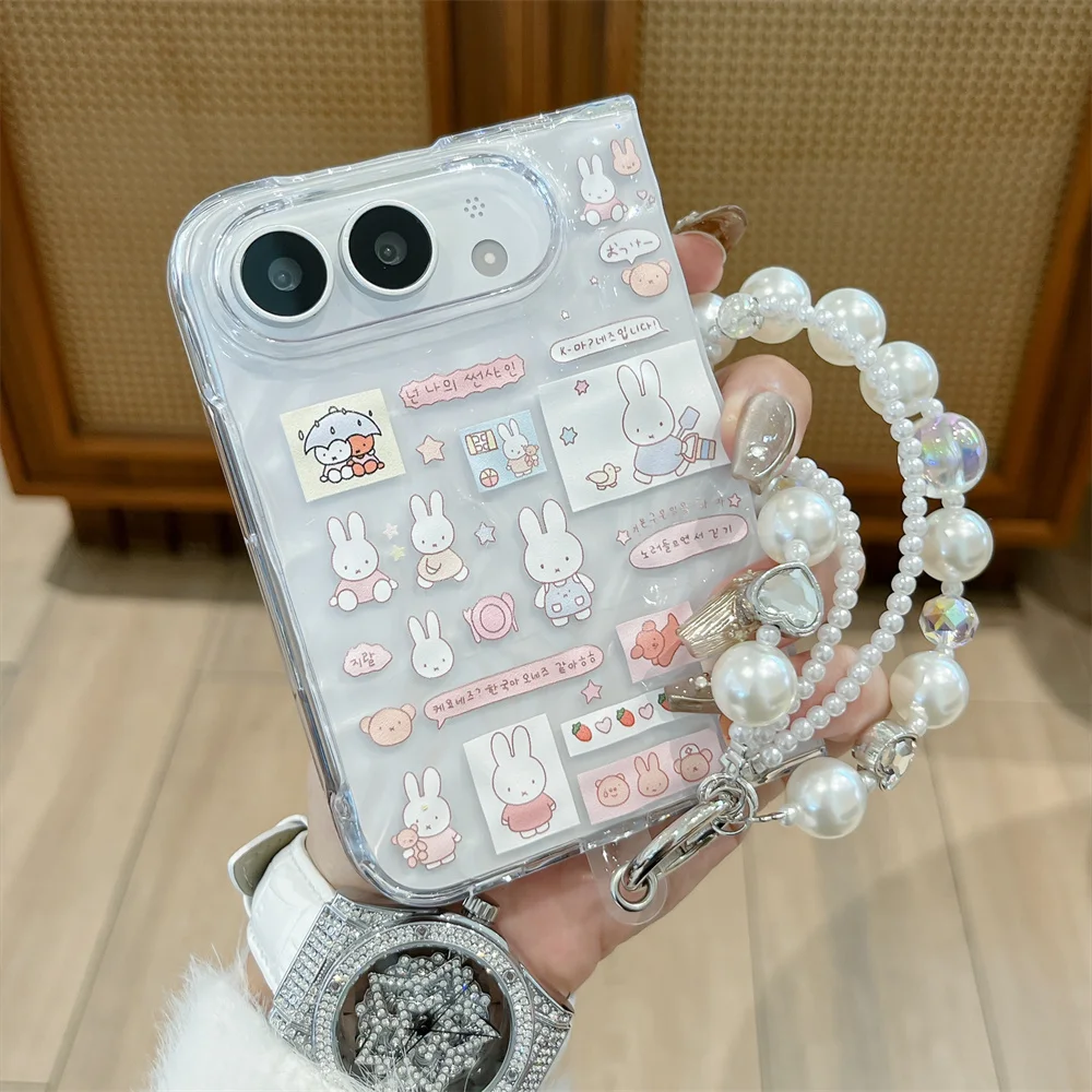 Cute Cartoon Rabbit Sticker Print Phone Case For iPhone Duo Fold Water‑Ripple Shell Pearl Bead Shockproof Hard Cover For Girls