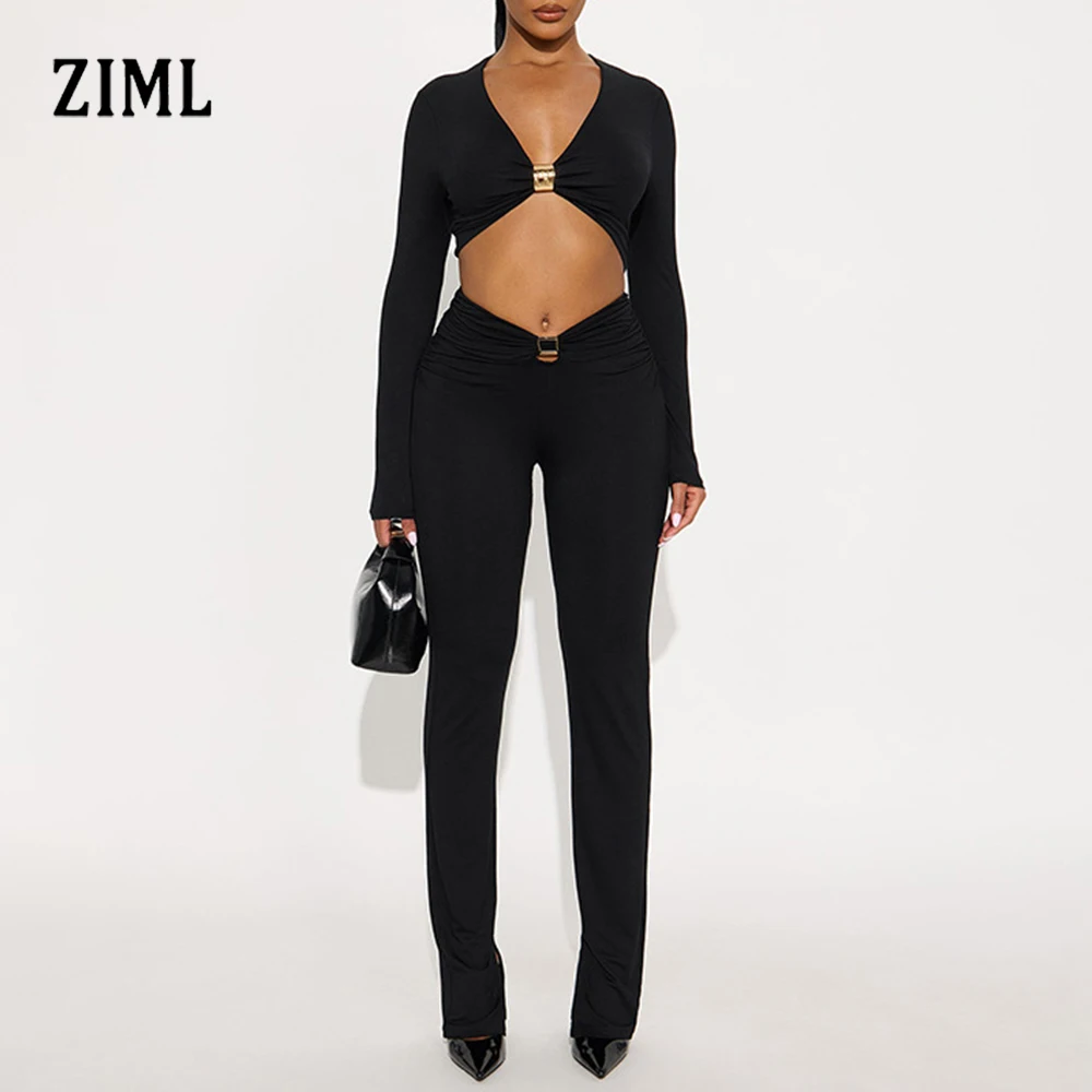 

ZIML Design Sense Solid Slimming Two Piece Sets For Women V Neck Long Sleeve Mini Top High Waist Pants Casual Set Female Fashion