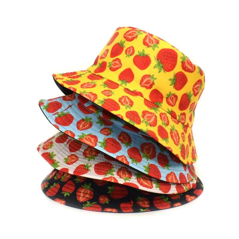 Wendbare Fischerhüte mit Erdbeer-Frucht-Print für Damen und Herren – Sommerlicher Outdoor-Sonnenschutz, Fischerhut, Damen-Anglerhut, Sonnenhut, Panama-Hip-Hop-Hut