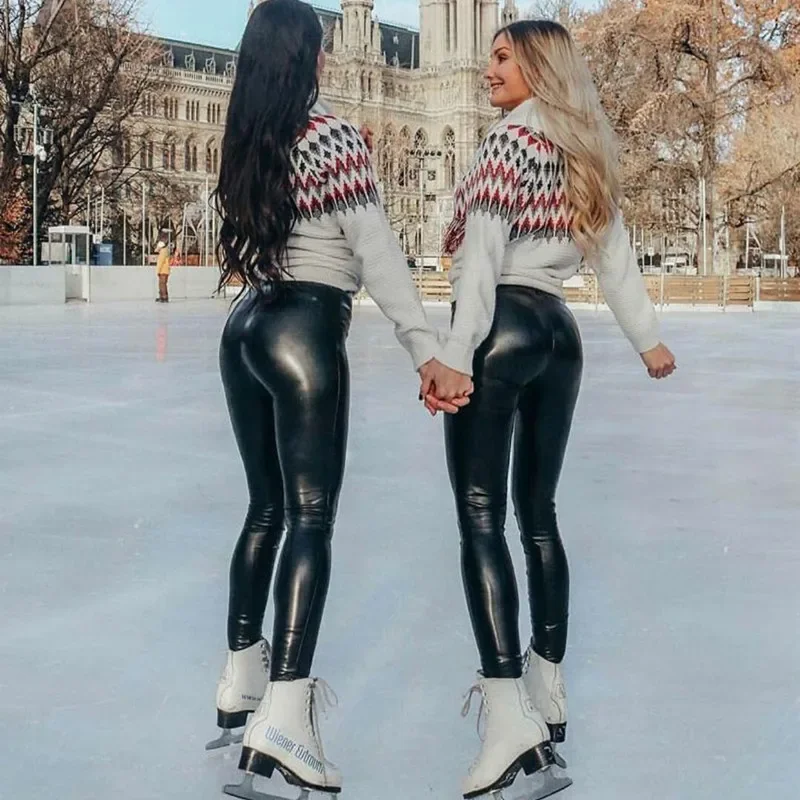 High Waist Pants Stretch Leggings Women Plus Size Leather Pants Warm Velvet Trousers