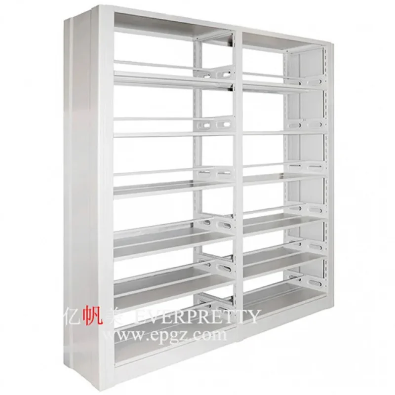 custom.School Library Furniture Wooden Metal Storage 4 Layer Double Side  Adjustable Book Shelf with Side Bracket