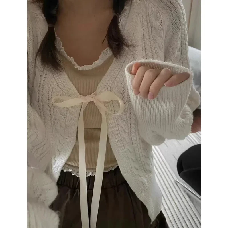 Bow Knit Sweater With Zip Ties Cardigan Skirt Autumn Winter Women Korea V-neck 2024 Short Sleeved Sweater A-line Short Skirt New