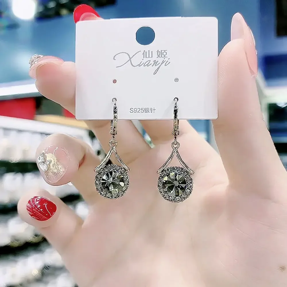 Cute Gray Zircon Crystal Waterdrop Ear Buckle Drop Earrings for Women Korean Simple Wedding Jewelry Trend Creative Accessories