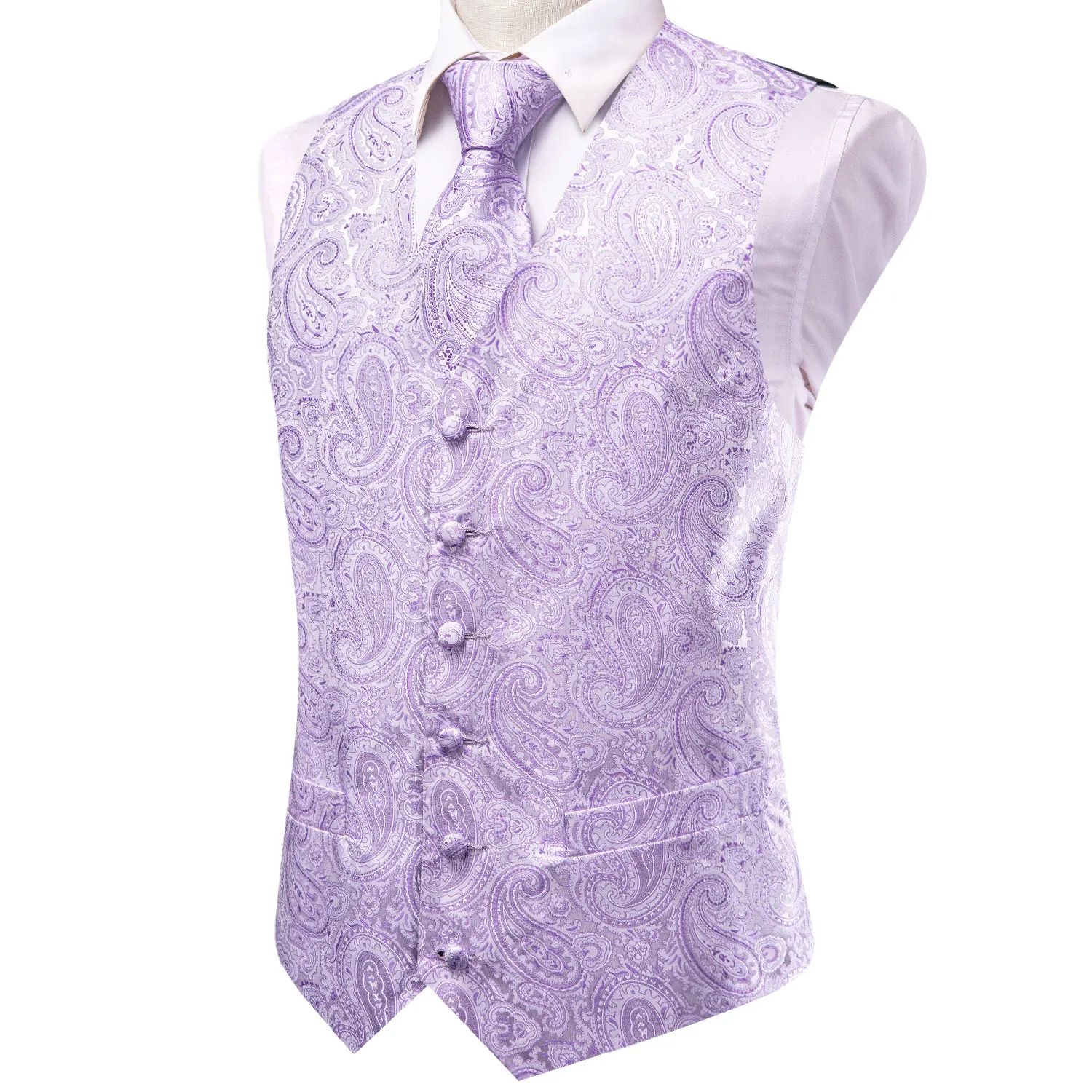 Wedding Light Purple Silk Men Vest Paisley Jacquard Sleeveless Waistcoat Clips Necktie Hanky Cufflinks Set Business Party Hi-Tie