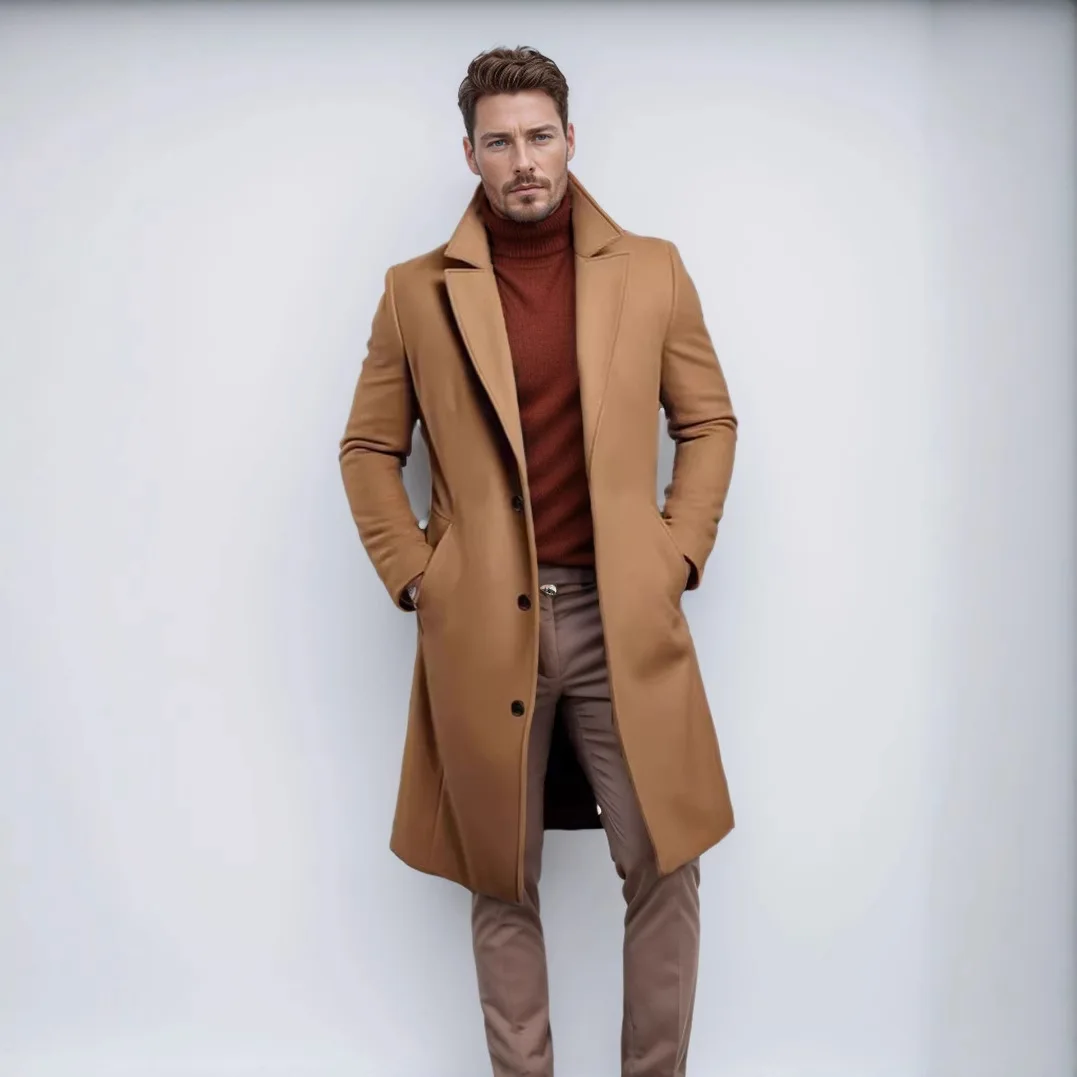 

Autumn Winter Men's Mid-Length Pure Color Woolen Coat Warm Youthful Sle Windbreaker Jaet Long Coat with kets for Daily...