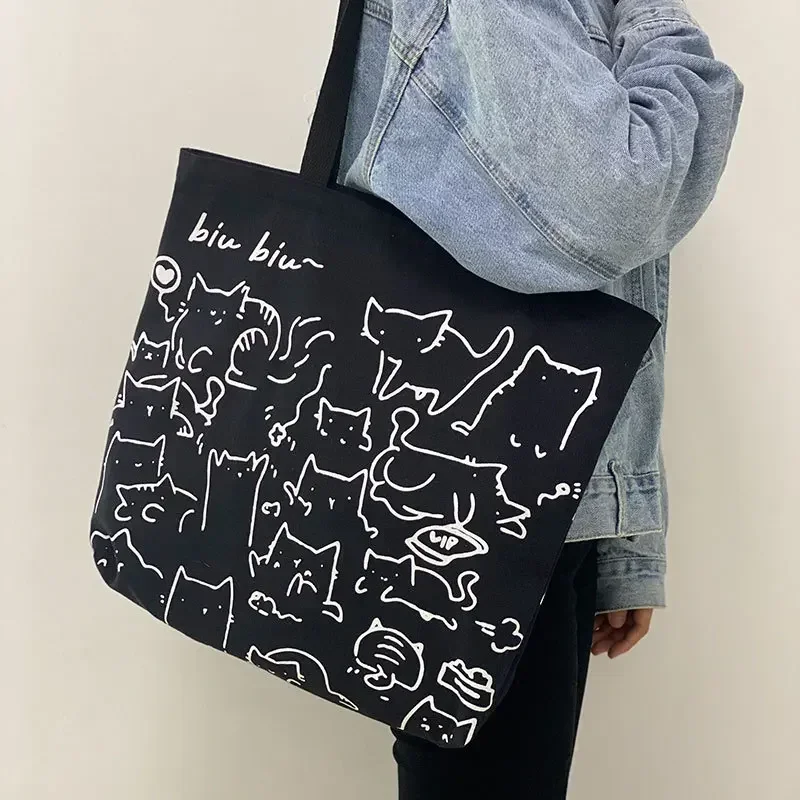 Women Shopper Bag Cute Cat Casual Women Shopping Bag Reusable Cute Pet Animal Canvas Lady Tote Handbag Book Pouch