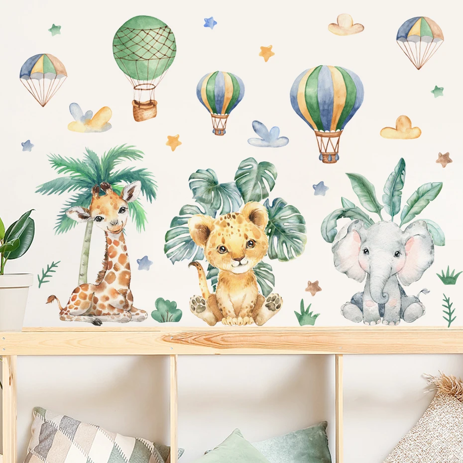 Cartoon Jungle Animals Leaves Watercolor Vinyl Wall Stickers for Kids Room Baby Nursery Room Decoration Elephant Giraffe Sticker