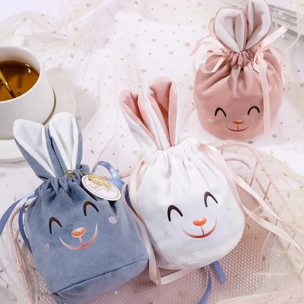 Easter Bunny Drawstring Gifts Bags Cartoon Rabbit Ears Velvet Candy Bag Kids Easter Gift Packaging Bag Happy Easter Party Decor
