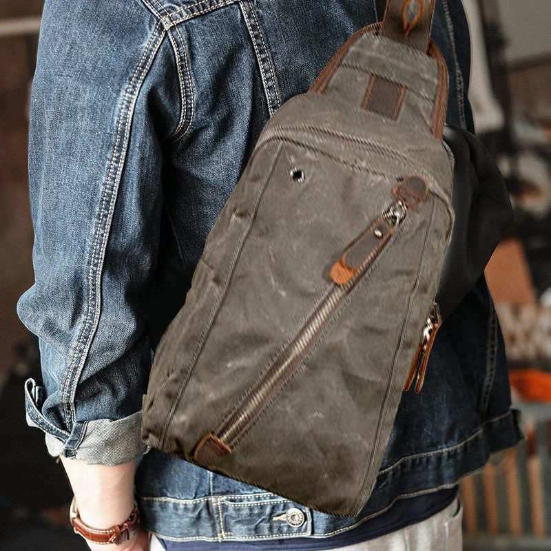 Retro Large Capacity Canvas Chest Bag Men's Casual Crossbody Waterproof Oil Wax Biker Style Fashionable Leisure Backpack