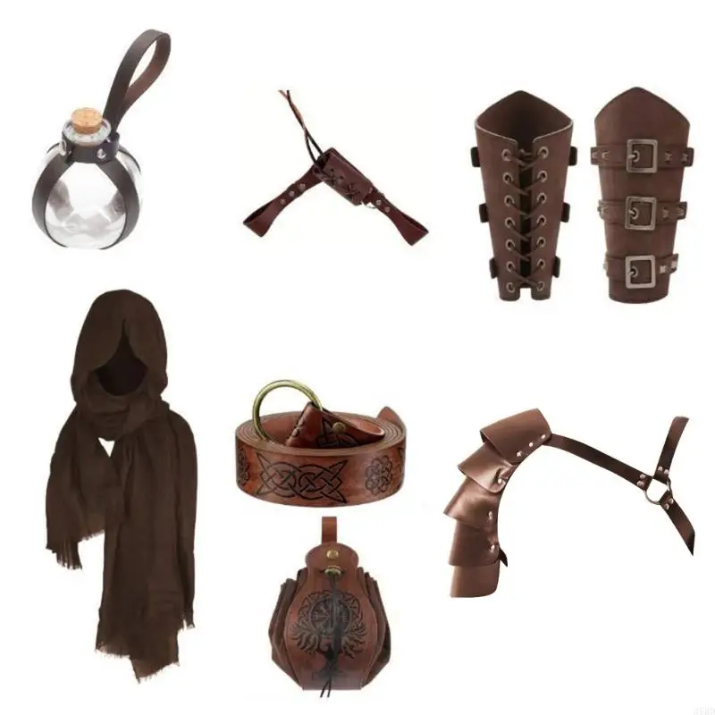 652F Medieval Costume Accessories Leather Belt Shoulder Guard Drawstring Waist Pack Bracers Swords Holder for Men Cosplay
