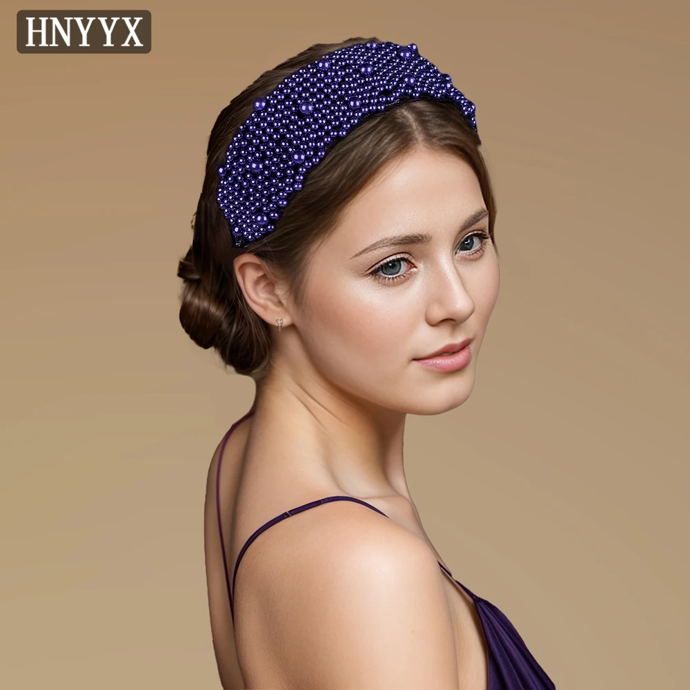 HNYYX Retro Pearl Headband Sparkling Wide Brim Head Piece For Women Korean High Grade Fashion Party Hair Accessory A153-Purple