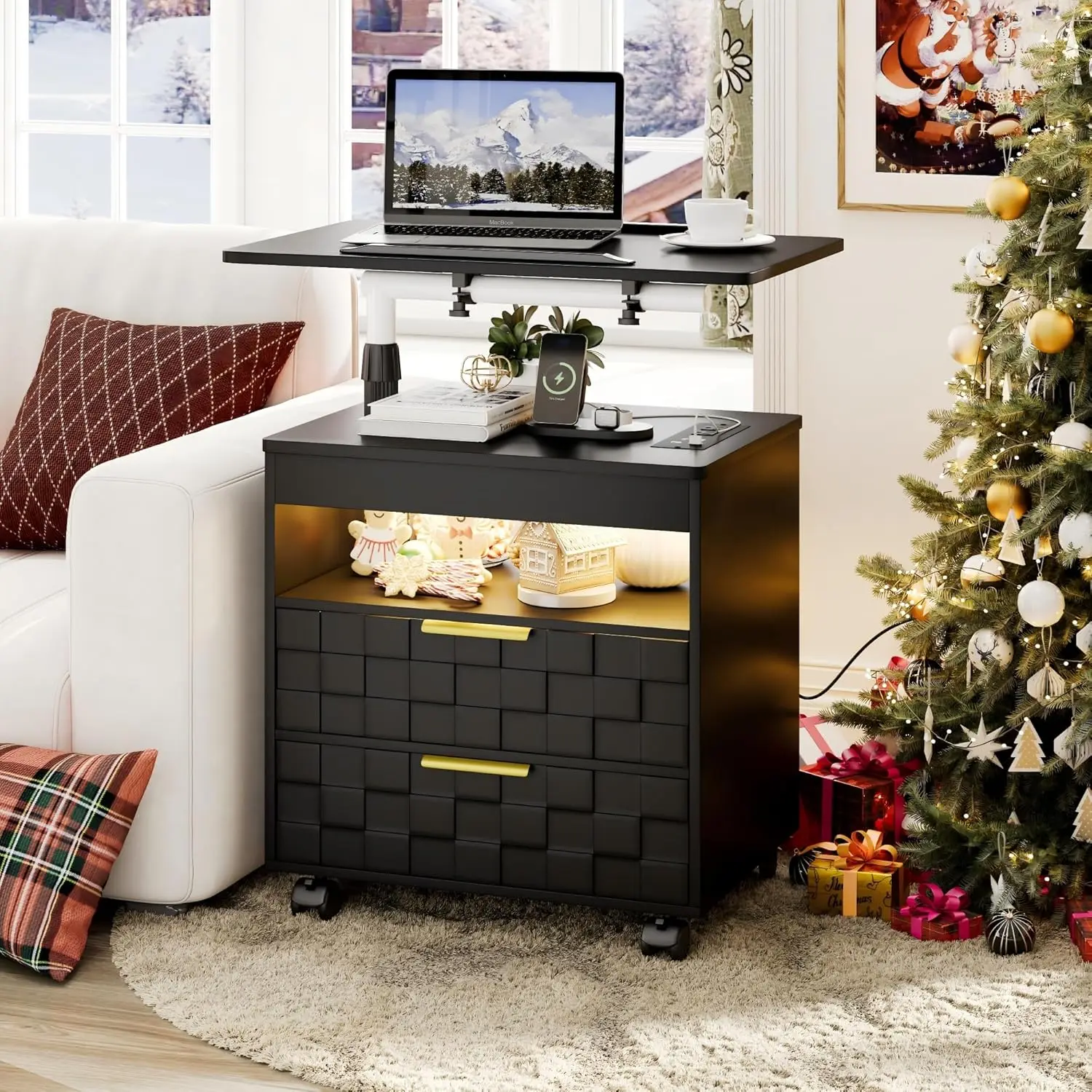 

Регулируемая по высоте прикроватная тумбочка с зарядной станцией, светодиодная прикроватная тумба с 2 ящиками, умный деревянный прикроватный столик для общежития, на заказ