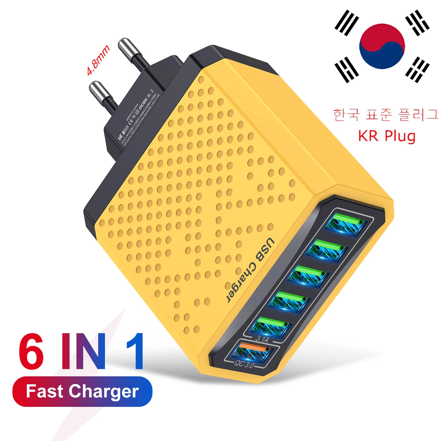 6 Port USB Korean Charger Quick Charge 3.0 USB Fast Charging Adapter Mobile Phone KR Plug Wall Quick Charger 고속충전기 한국형