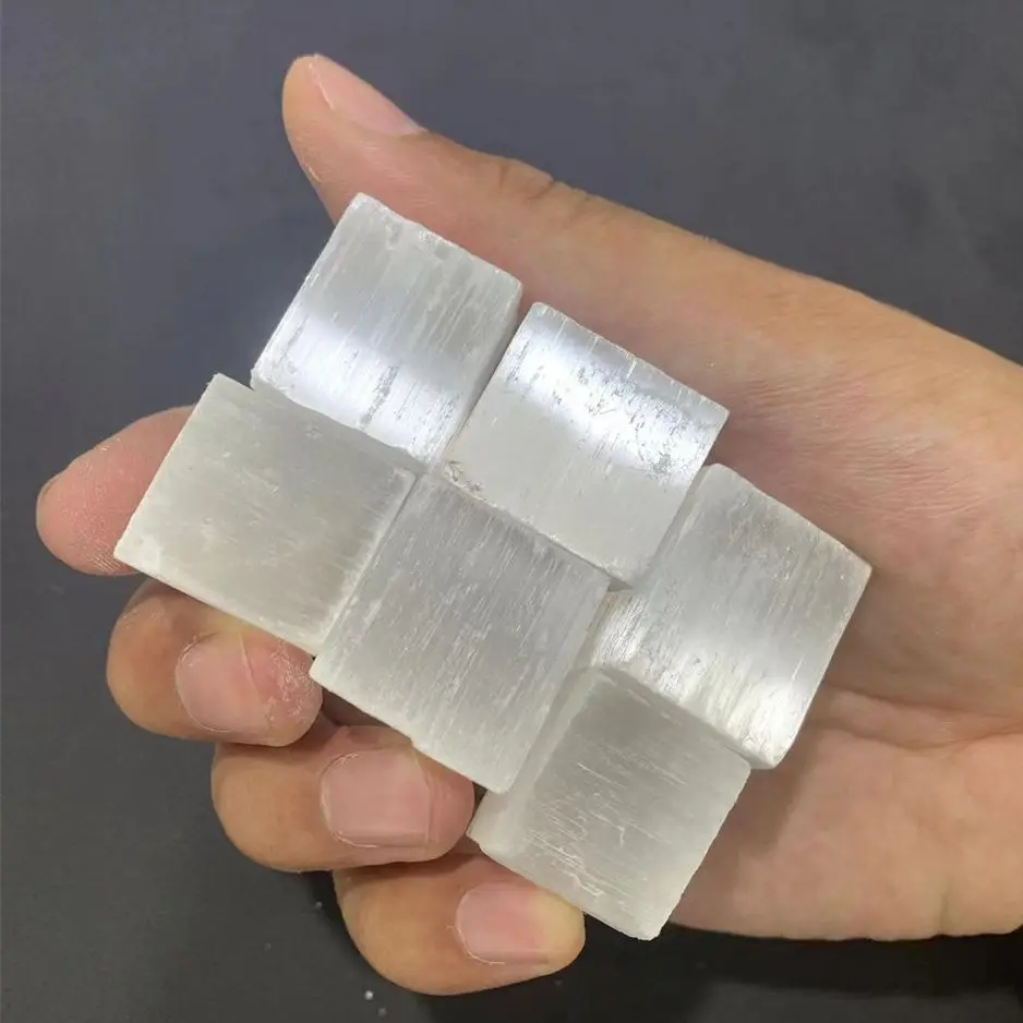 Natural White Selenite Cube Crystals Tumbled Stones Reiki Healing Stone Hand Carved Mineral Specimen Display For Decoration