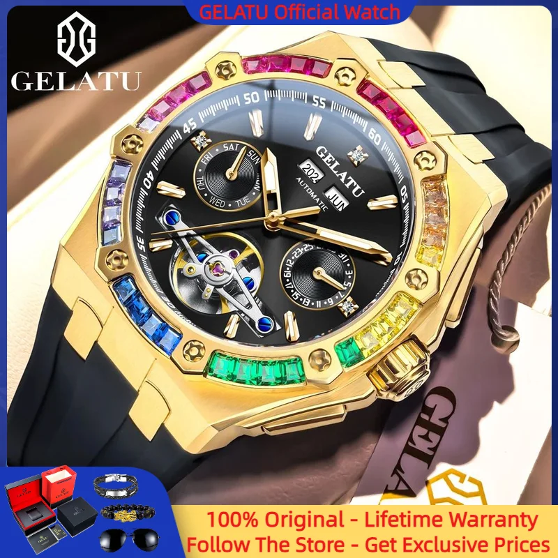 

GELATU 6022 Hollow Men Watch Top Brand Rainbow Diamond Large Dial Luxury Original Men Automatic Mechanical Watch Reloj Hombre
