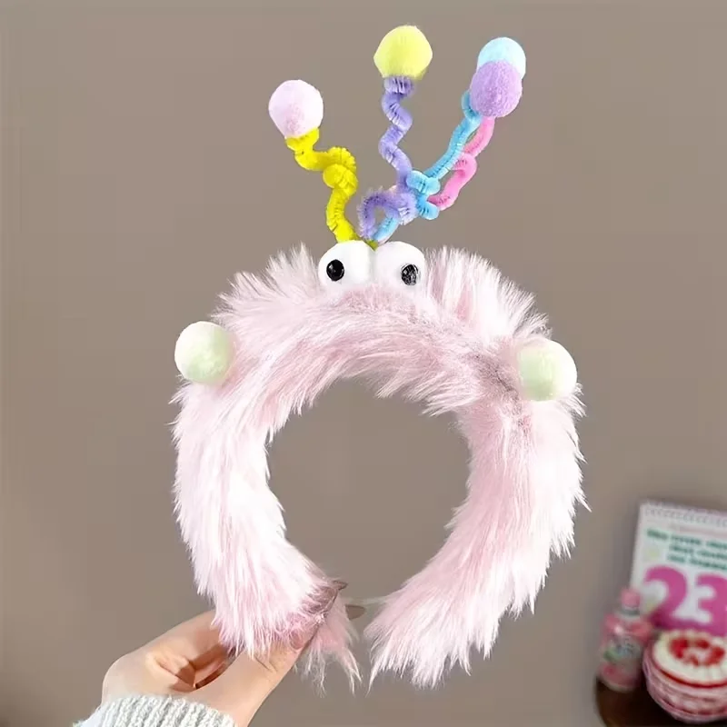 Niedliches Plüsch-Twist-Stick-Stirnband mit großen Augen für Frauen – weiches, rutschfestes Haar-Accessoire, perfekt zum Waschen und Stylen im Gesicht – Detail 2