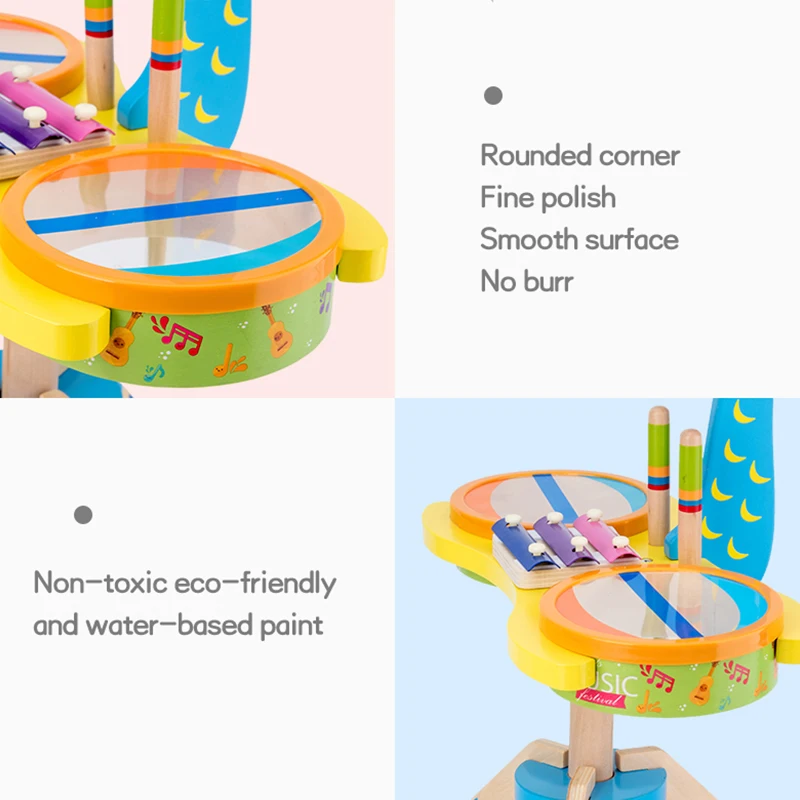 Newest Montessori Education Wooden Toy Music Peacock Shape Drum Kit Fun Wood Musical Instruments Early Educational Toys For Baby