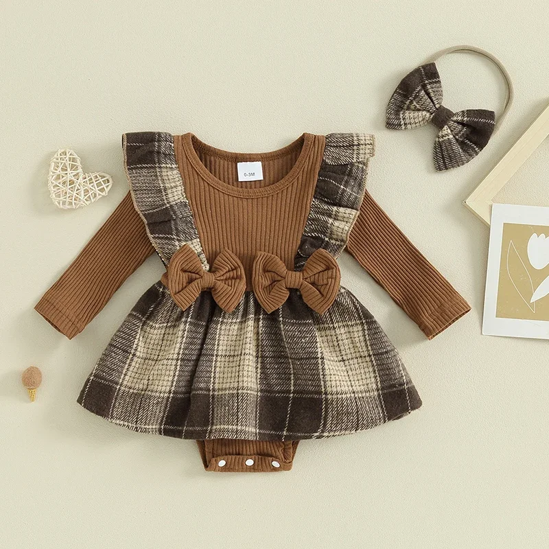 Tregren Autumn Newborn Baby Girls Romper Dress Long Sleeve Ruffle Houndstooth Print Patchwork Romper with Headband Infant Outfit