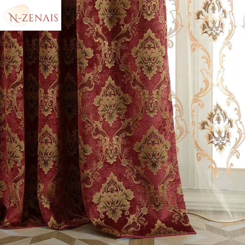 European Chenille Red Embroider Luxury Curtains for Living Room Bedroom Dining Blackout Jacquard Villa Tulle Valance Custom