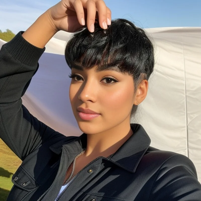 앞머리가 있는 짧은 레이어드 웨이브 곱슬 가발, 흑인 여성용 전체 기계식 픽시컷 인모 가발