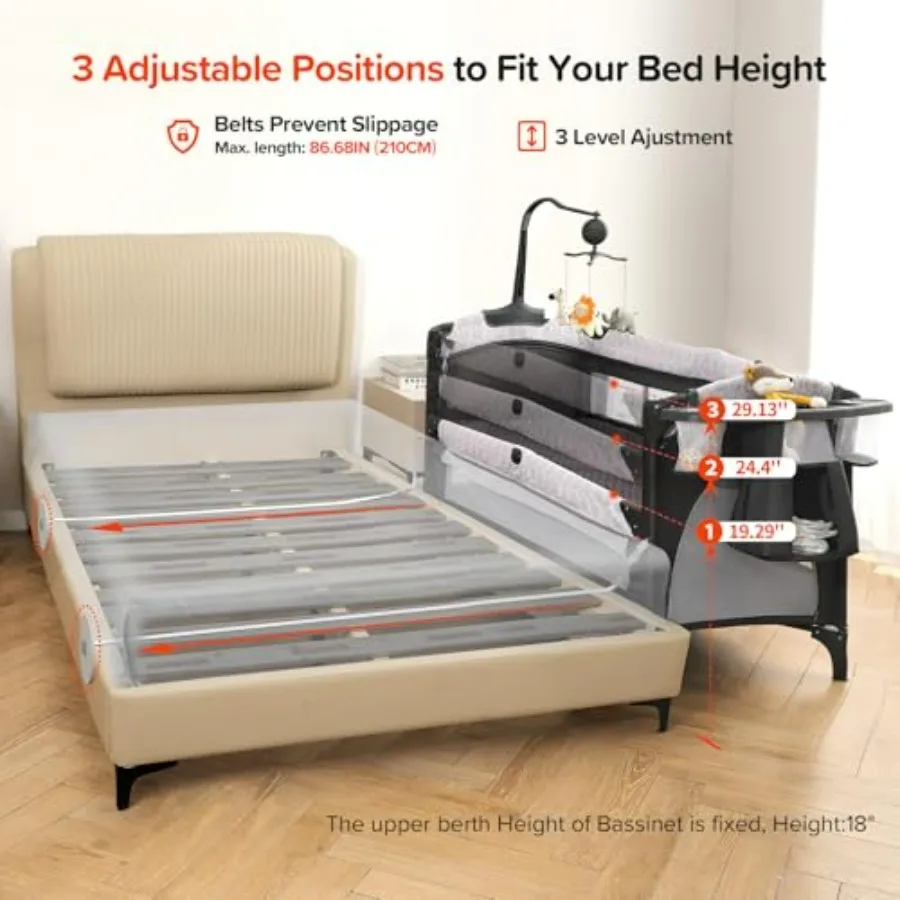 4 in 1 Wide Baby Bassinet Bedside with Diaper ChangerLong Next to Bed Crib with Mattress Sheet Music and Blackout Cover Playpen