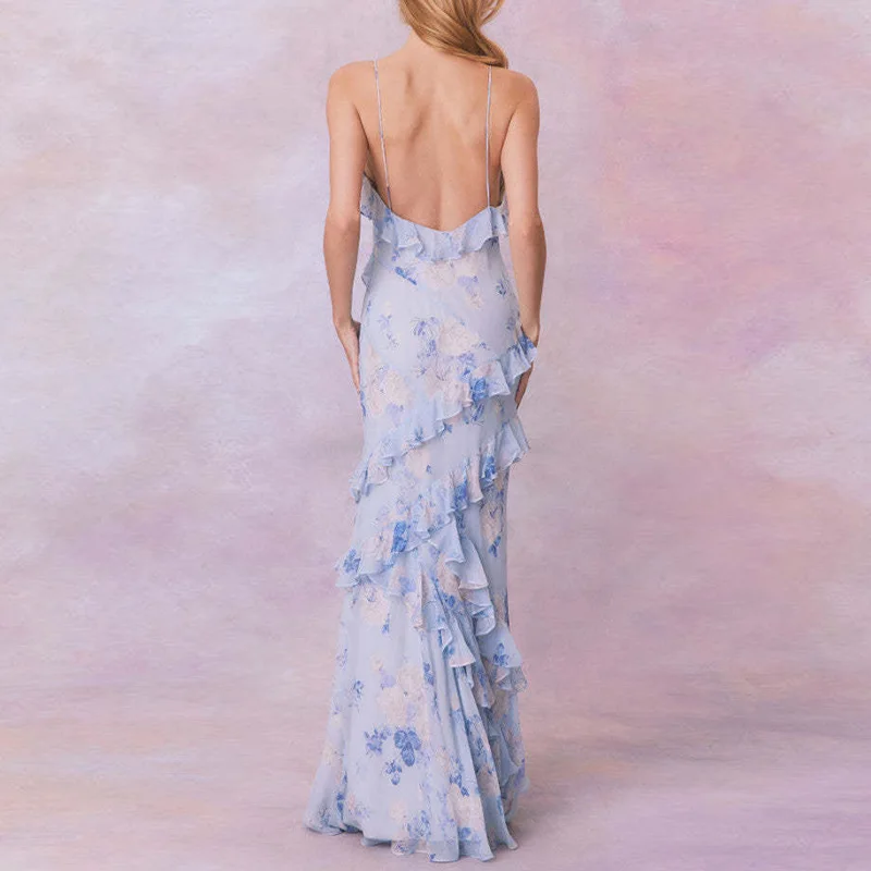 Boho Fashion Abiti lunghi slim con stampa floreale Primavera Scollo a V con volant Abito con cinturino per spaghetti Abiti maxi estivi vuoti senza schienale