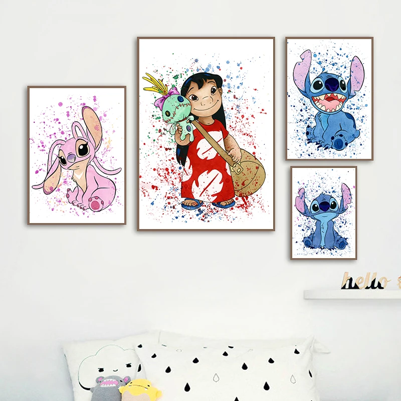 

Disney Lilo and Stitch Angel Poster Wall Decor Watercolor Nursery Painting Ohana Means Family Art Prints Kids Birthday Gift