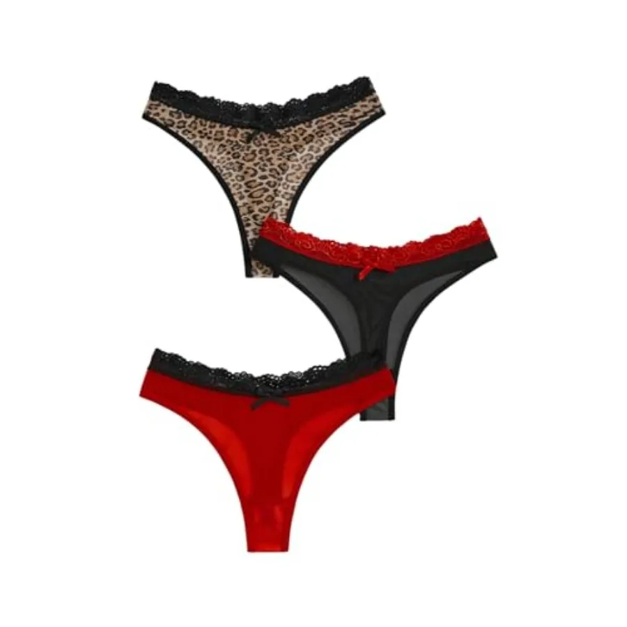 

WDIRARA Women's 3 Pack Leopard Lace Trim Briefs Low Rise Panties Underwear