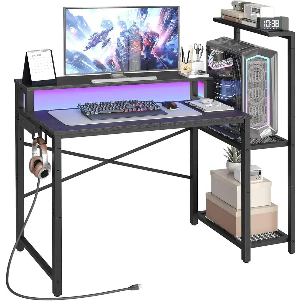 LED Computer Desk with Power Outlet and Monitor Stand