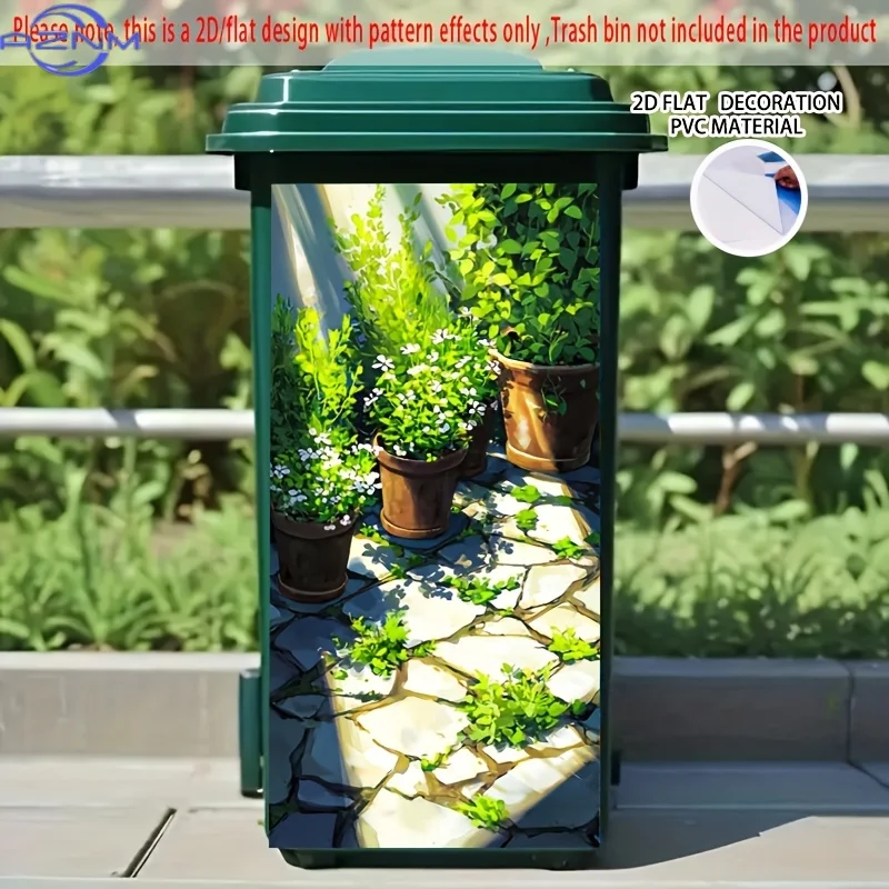 Potted Plants in Sunlit Yard Self-Adhesive Dustbin Stickers, Durable, Removable, PVC Decorative Stickers, Wheelie Bin Stickers