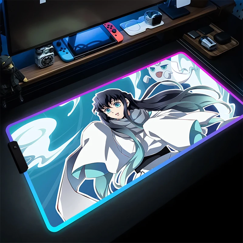 

RGB Mouse Pad Japan Anime Gaming Accessories Mousepad Gamer PC Computer Demon Slayer Tokitou Muichirou Desk Mat LED Keyboard Pad