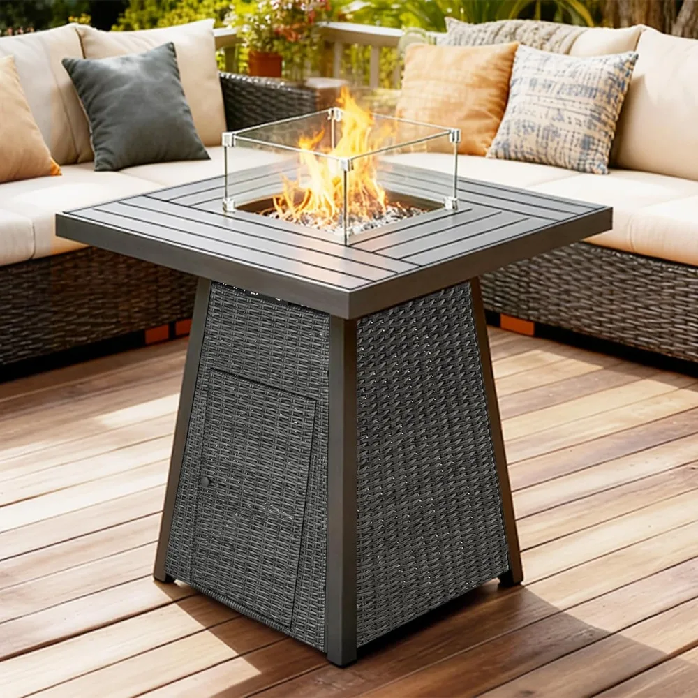 

Height Fire Pit Table, Outdoor Propane Gas Fire Table, Rattan Patio Heater with Cover and Wind Guard for Deck/Backyard/Garden