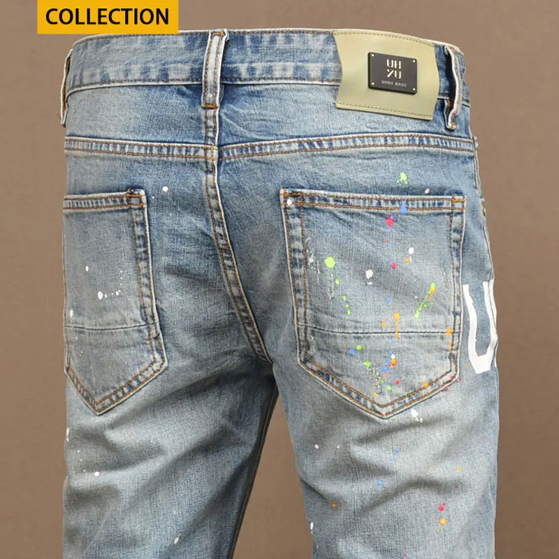 Streetwear Fashion Men Jeans Retro Light Blue Stretch Skinny Fit Ripped Jeans Men Painted Printed Designer Hip Hop Denim Pants