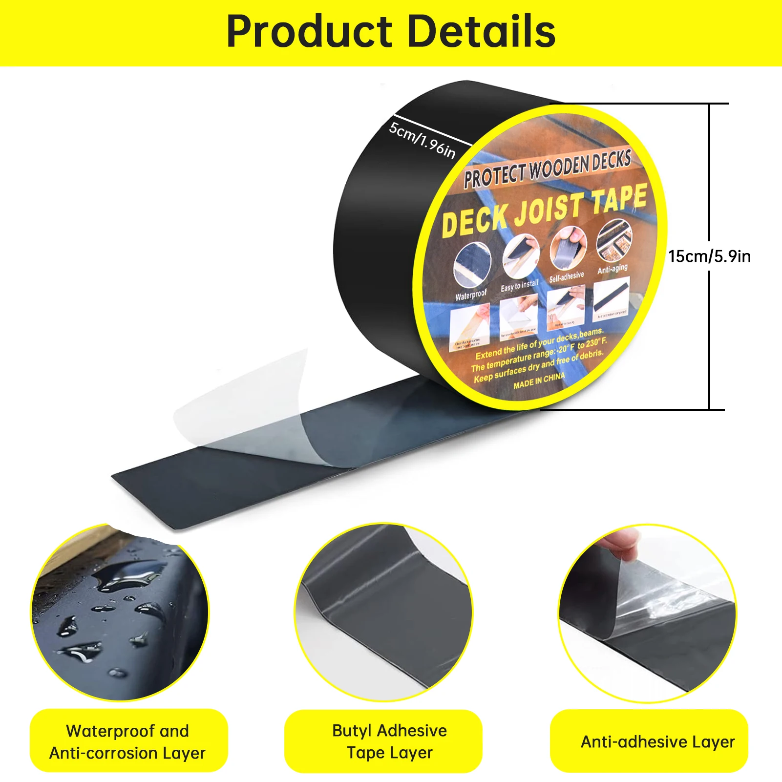 

1.97"x5.91" Waterproof Deck Joist Tape,Butyl Joist Flashing Tape– Weather Resistant Self-Adhesive Sealant for Indoor Outdoor Use