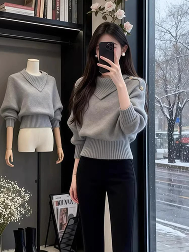 

Laid-ba Korean Sle Long Sve Knitted Sweater Soft Cozy Color Versatile Autumn Winter New Arrival Faionable Sweater