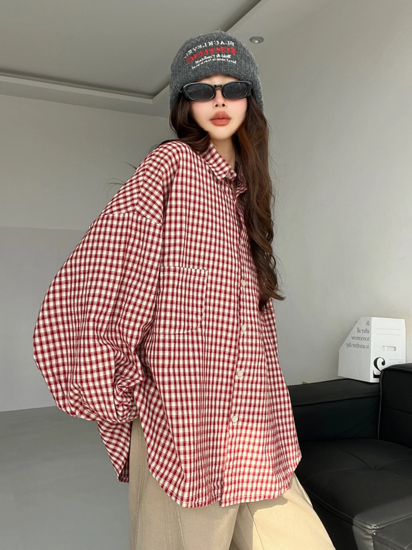 

Red Plaid Cotton Loose oulder irt Women's Long Sve Vintage Sle Mid-Length Breathable Comfortable Fit for All Ages