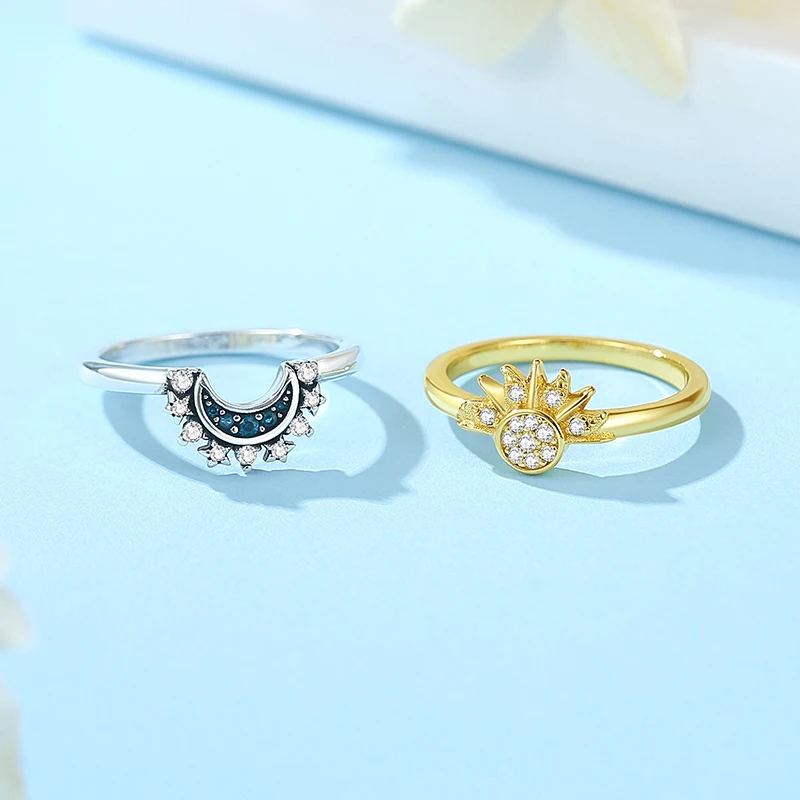 Original 925 Sterling Silver Rings Sun Moon Star Pave CZ Gold Color Stackable Ring For Women Engagement Gift Jewelry image 3