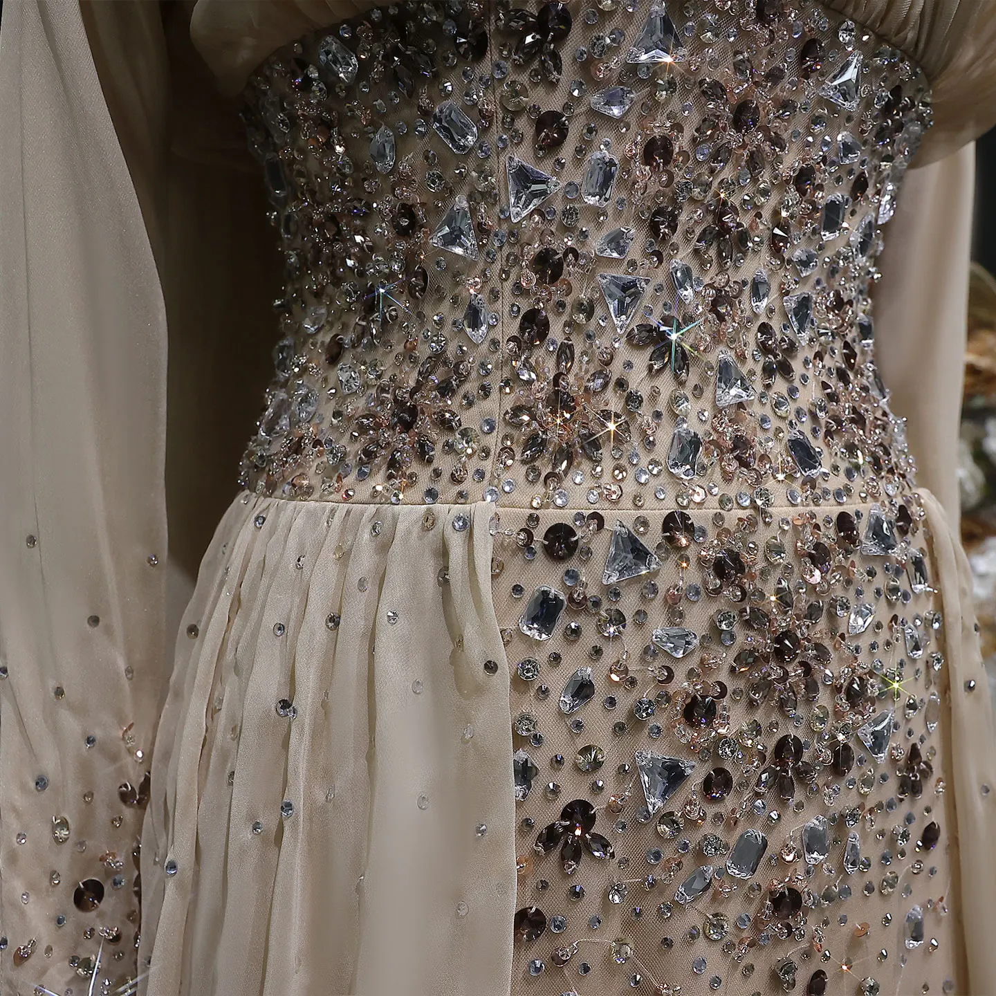 Sharon Said 2026 Dubai Elegantes Champagner-Chiffon-Abendkleid mit schweren Kristallen, formelle Abendkleider für Damen SS533, individuell anpassbar – Detail 7