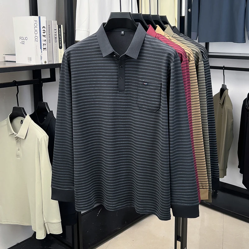 Herren-Polohemd mit langen Ärmeln und Brusttasche, gestreift, lässiger Business-Look, Herbst, Alltag, weich, atmungsaktiv, Herrenbekleidung. – Detail 13