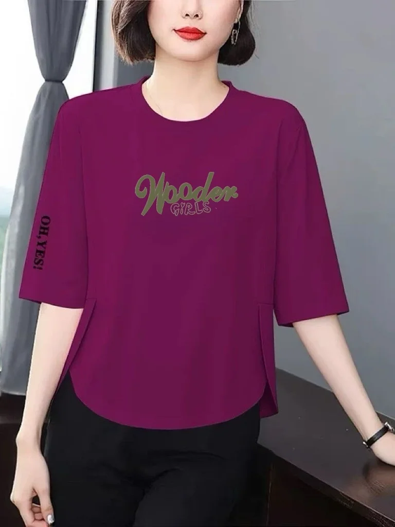 

Elegant Letter Print 3/4 Sleeve T-Shirt Women Summer Loose Slimming Meat Covering Age-Defying Versatile Mid-Aged Women's Top