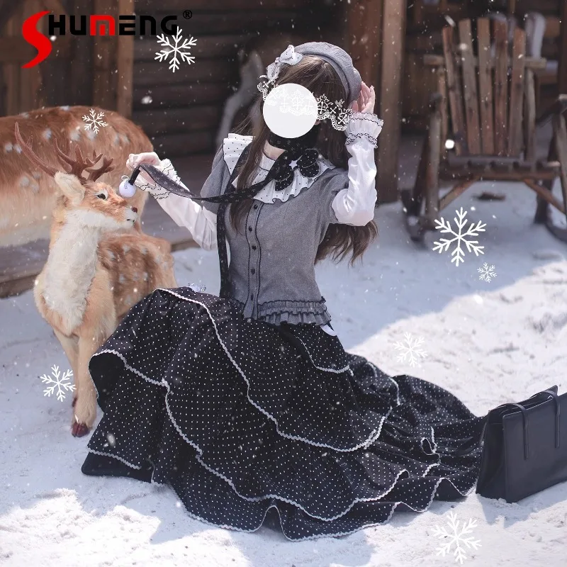 

2025 Autumn New Original Korean Style Gray Polka Dot Gray Skirt 2025 Autumn Winter New Long-sleeves Cardigan Top Women's Clothes